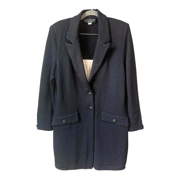 St.John Black Santana Knit Beaded Suit Set Including Longline Blazer and Pants - Picture 2 of 16